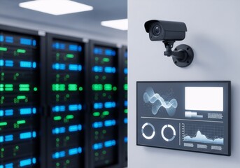 CCTV security camera and monitor with data analytics in a server room. Data center surveillance system for digital information protection.