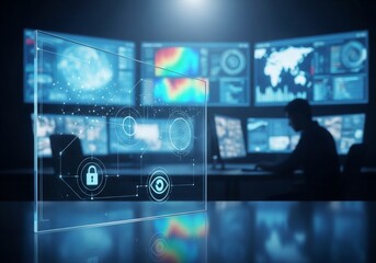 Transparent glass screen for digital data cybersecurity concept. Visual representation of protection systems a man monitors information.