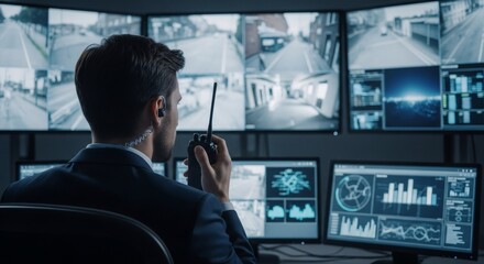Male security officer monitoring multiple CCTV feeds in control room. Surveillance specialist or dispatcher on duty for public safety.