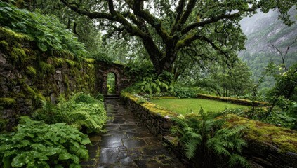 Lush garden pathway under a large tree