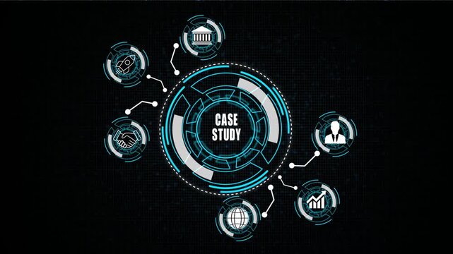Case Study business concept on a flashing computer monitor with moving graphs and data.3D animation on grid background .4k video 