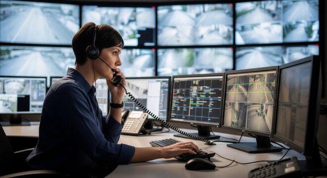 Woman surveillance operator with headset speaking on phone at command center. Control room monitor concept.
