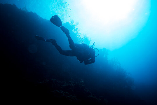 scuba diver in the sea underwater while scuba diving Cura&ccedil;ao