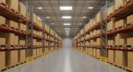 Obraz premium Interior Perspective Warehouse Storage Room with Shelves Filled with Boxes