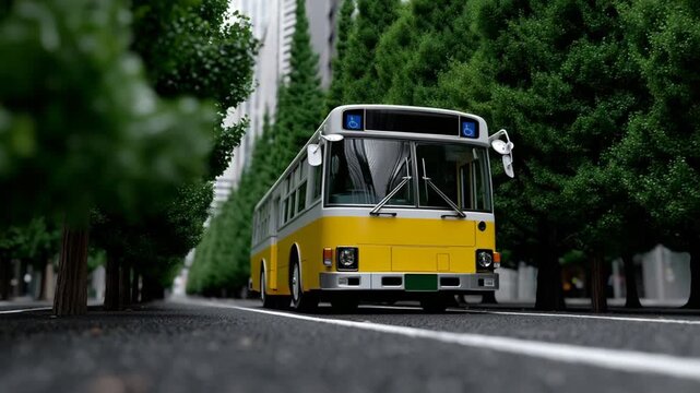 Vintage Yellow Bus on City Street with Trees Lined Road, and Urban Transportation.