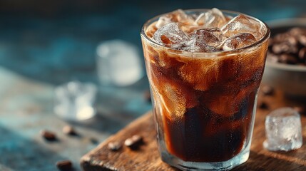 Refreshing iced coffee in a glass with ice cubes