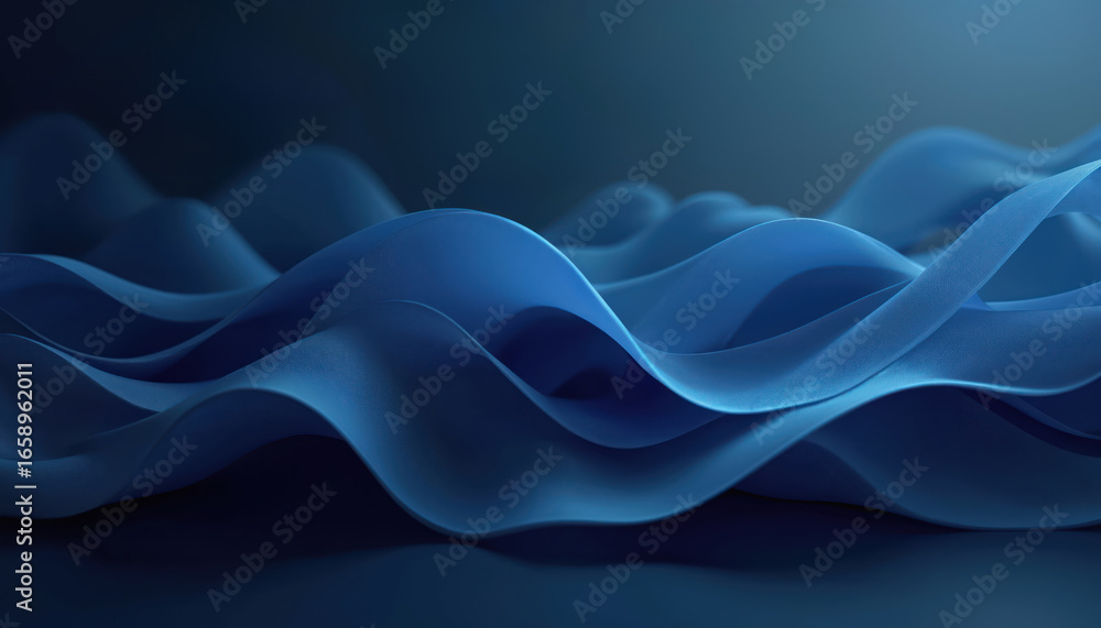 Poster abstract blue background features flowing smooth waves, abstract digital art. dark blue, light blue 