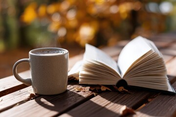 Open book and a steaming cup of coffee sit on a wooden table outdoors, bathed in the warm sunlight of autumn, creating a cozy and inviting scene
