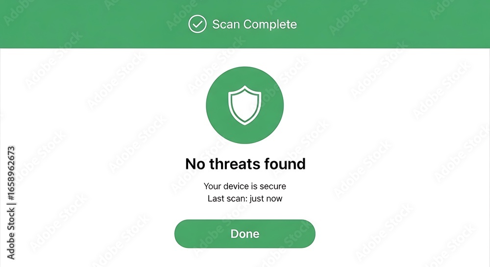 Poster antivirus scan complete showing no threats found on the device, indicating it is secure.