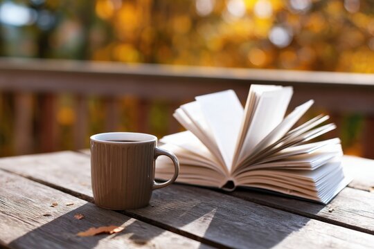 Open book and coffee cup resting on wooden table in autumn with blurred background of colorful trees