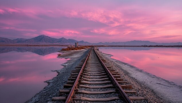 Tranquil railway track at sunset over a serene lake reflecting the sky