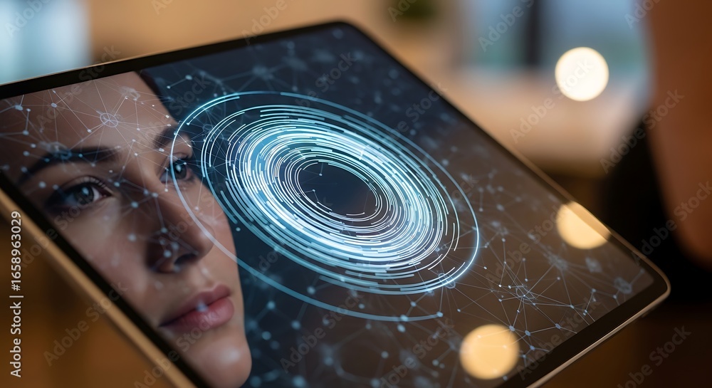 Poster a woman's face is reflected on a tablet screen displaying a futuristic digital interface with glowin