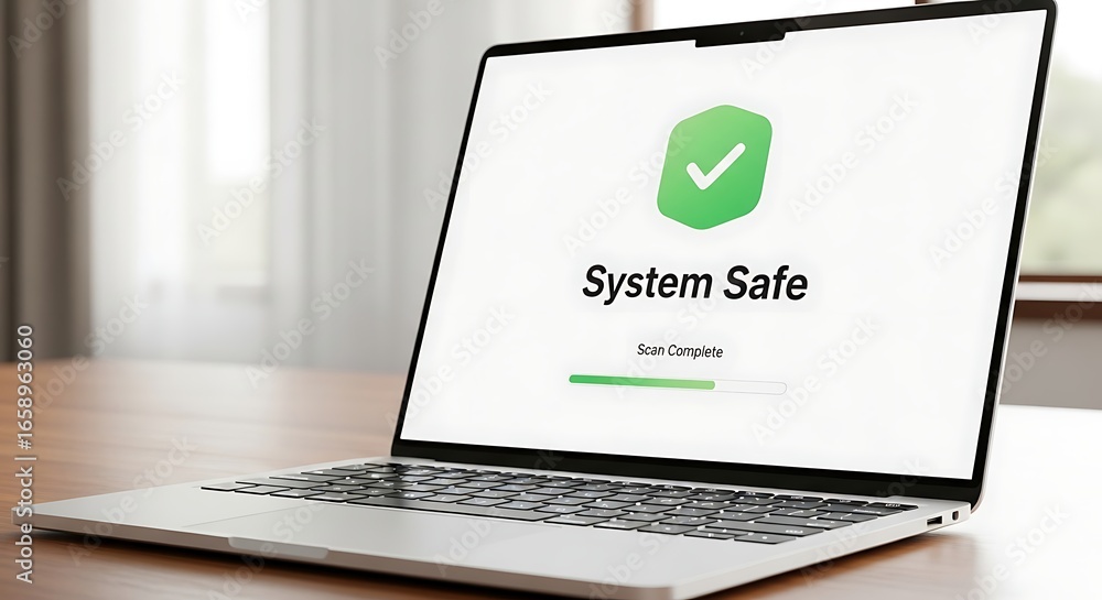 Poster a modern laptop displaying a 'system safe' message with a green checkmark and progress bar.