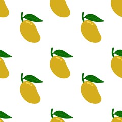 Seamless mango pattern with fresh yellow fruits and green leaves on white background, perfect for tropical design, fabric, wallpaper, and summer decoration.
