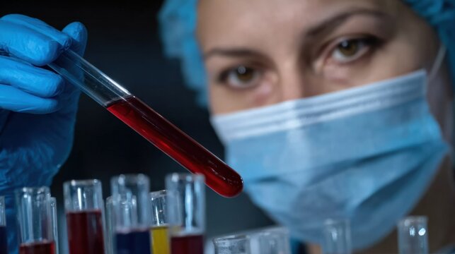 Medical scientist wearing a mask and gloves, carefully analyzing a blood sample in a test tube while working in a laboratory setting - Powered by Adobe