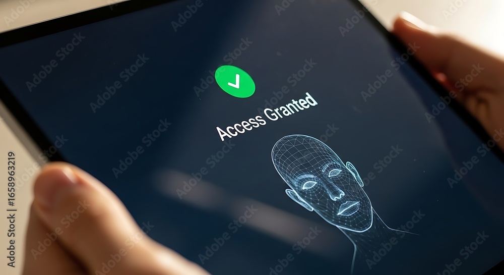 Poster close-up of a person holding a tablet displaying a successful facial recognition scan with 'access g