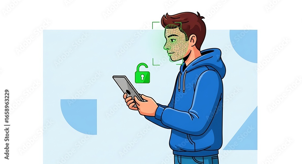 Poster young man using facial recognition technology to unlock a digital device, symbolizing biometric secu