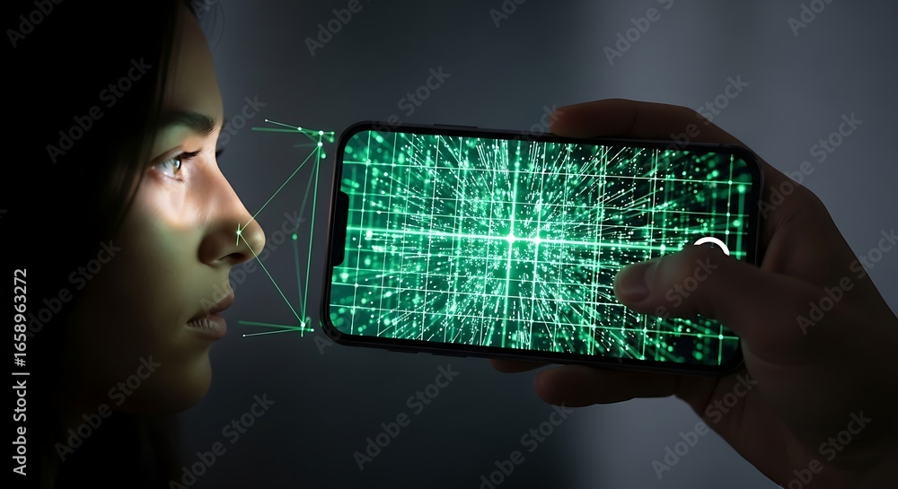 Poster facial recognition technology scanning a person's face with a smartphone displaying a digital networ