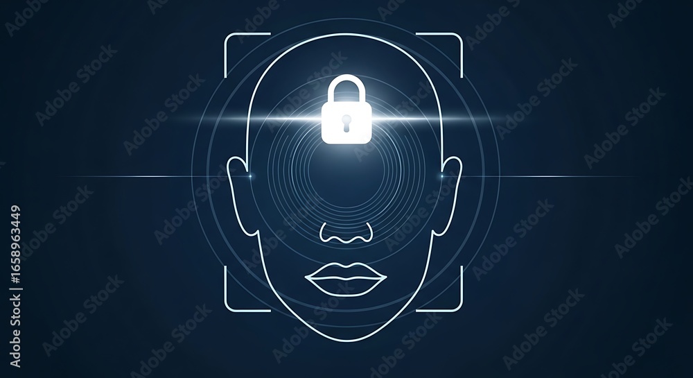Poster facial recognition technology with a padlock symbol indicating security and access control.