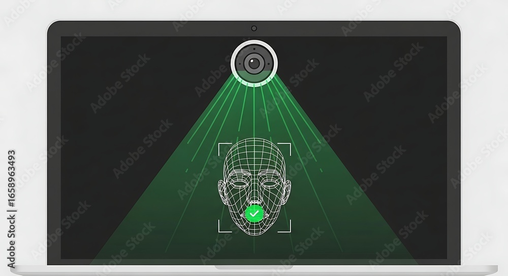 Poster laptop screen displaying a facial recognition system scanning a person's face with a webcam.