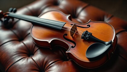 Fototapeta premium Antique violin rests on rich brown tufted leather surface. Vintage string instrument displays elegant craftsmanship with warm, aged wood tones. Classic design evokes sense of tradition, heritage,