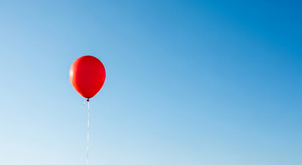 Fototapeta premium A single, bright red balloon with a string floats freely and alone against a vast, clear, and cloudless blue sky.