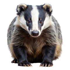 Obraz premium Badger with Black and White Stripes on Face Sitting and Looking Forward Isolated animal wildlife isolated on a transparent background