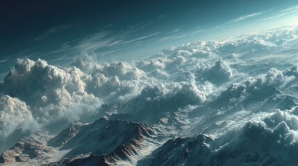 Celestial mountain range veiled in fluffy clouds