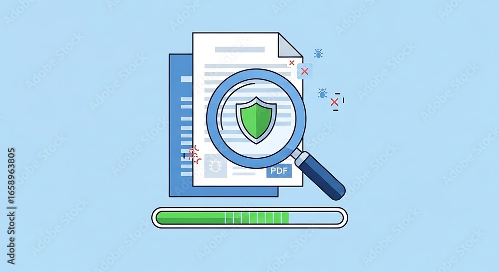 Poster magnifying glass inspecting a secure pdf document with a progress bar indicating a security scan.