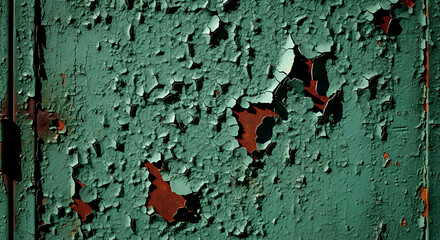 Abstract background of old, weathered green paint peeling and cracking to reveal a rusty red metal surface from outside