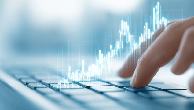 Hands over keyboard, financial chart