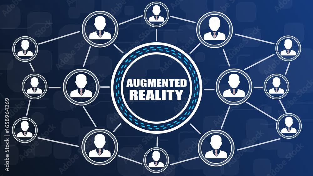 Poster augmented reality network connecting people icons with central text on dark blue background keywords
