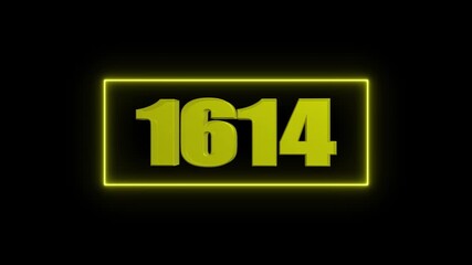 3D Number 1614 Enclosed in a Yellow Neon Rectangle on Black numeral digit
