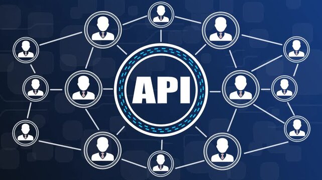 API connection network with user icons and central text application programming interface users