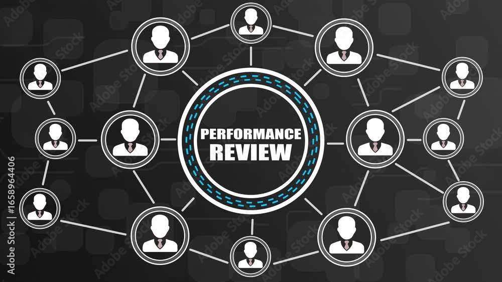 Poster business network concept with performance review in center connected by lines and icons image photo