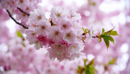 A close-up of delicate pink cherry blossoms, showcasing their soft petals and lush green leaves against a blurred background.