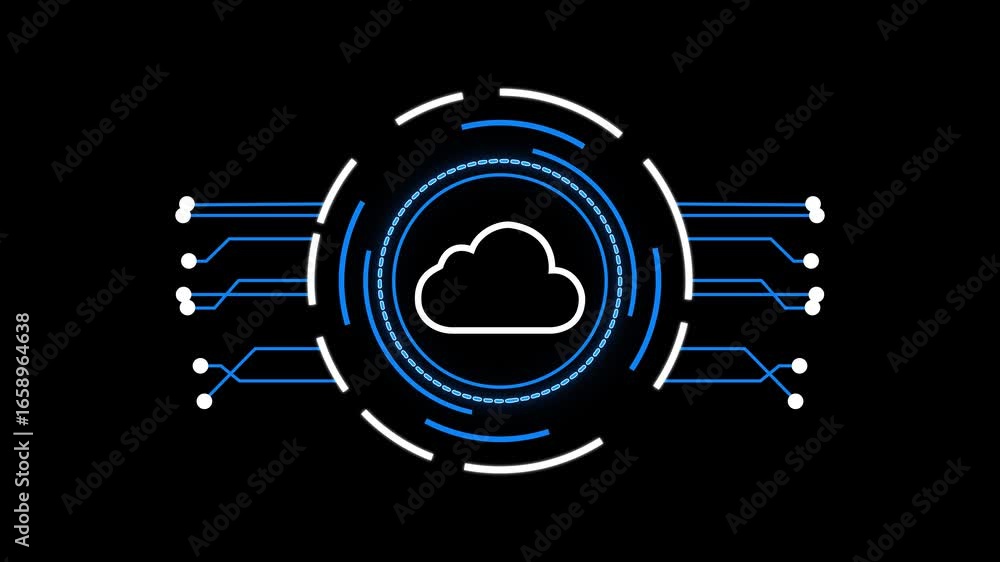 Aufkleber digital cloud technology network connection interface with blue and white glowing circuits on black 