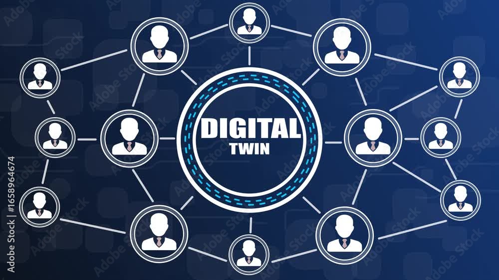 Poster digital twin network connecting people icons with central text on dark blue background keywords: dig