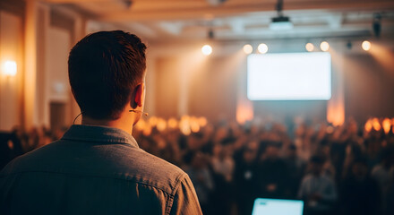 Professional speaker engaging audience at business conference with projection screen