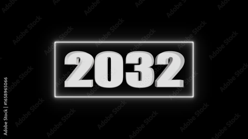 Poster glowing neon rectangle around white 3d number 2032 on black background year numeral