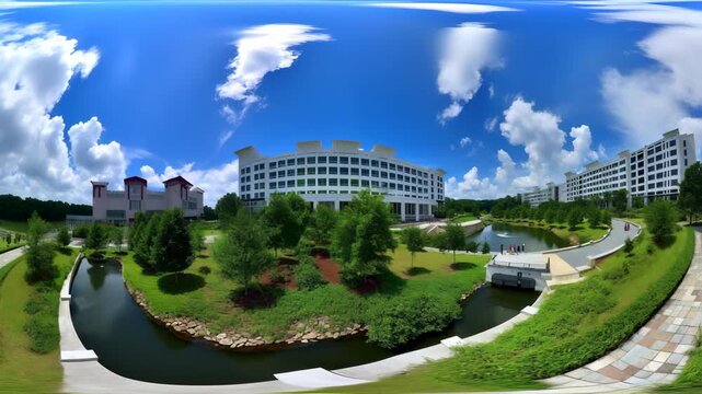 Sweeping 360 Degree Panorama of a Modern Architectural Campus Surrounded by a Lush, Green Park