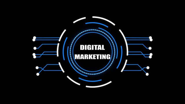 Digital Marketing Concept with Futuristic HUD Circle and Text Keywords: digital marketing, business, technology, internet, online, strategy, advertising, promotion, communication, social media - Powered by Adobe