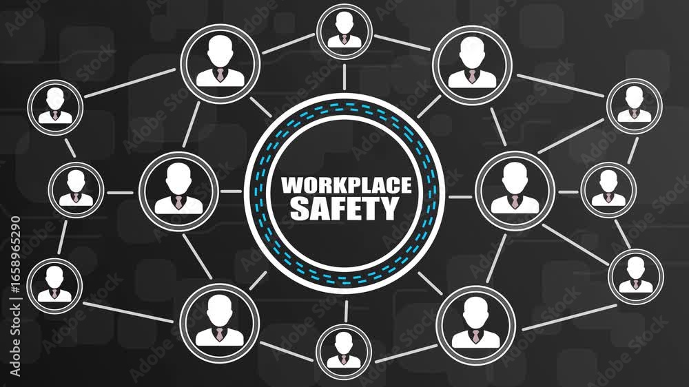 Poster network diagram depicting workplace safety with connected user icons and central text connection peo