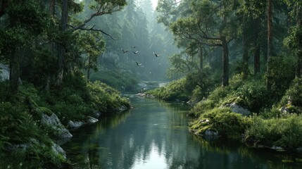 Obraz premium Serene River View Through Enchanted Evergreen Forest Scenery and Birds Flying