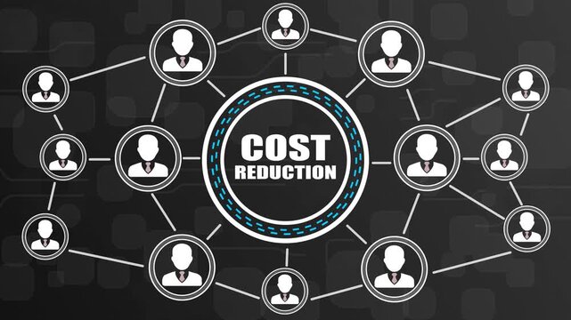 Network of people icons connected to central text COSTREDUCTION on dark background cost reduction