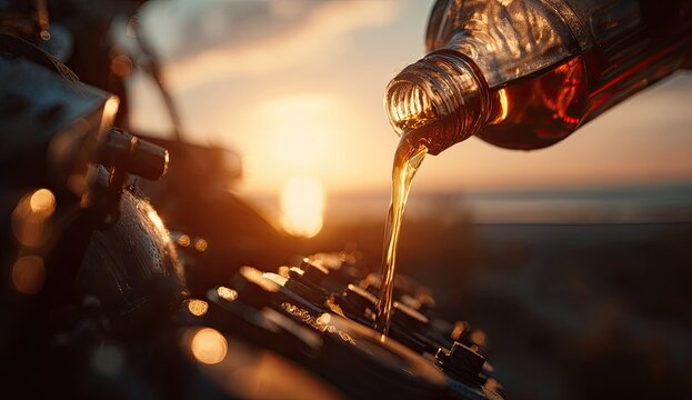 Oil being poured into a motorcycle engine at sunset