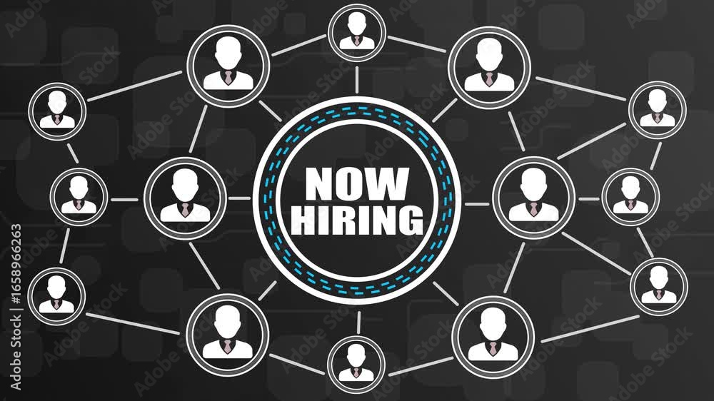 Poster now hiring network diagram with connected people icons and text connection
