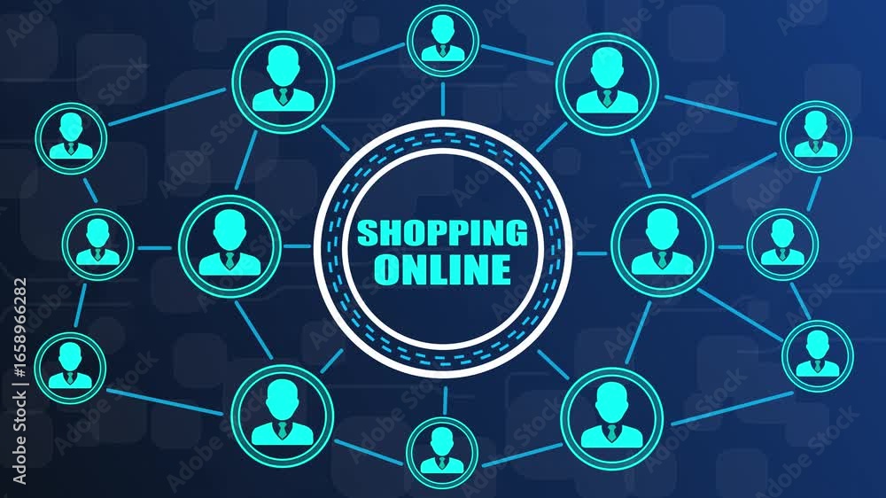 Poster online shopping network diagram with teal user icons connected by lines and central text on dark blu