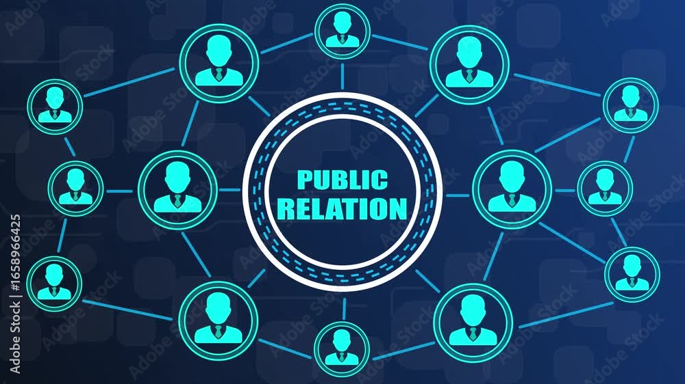 Poster public relations network connecting people icons on dark blue background communication networking