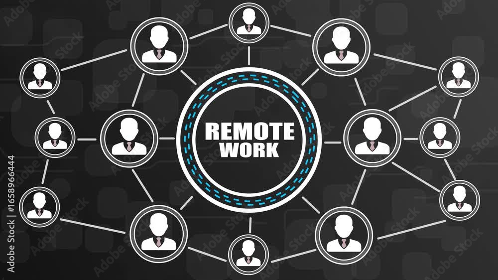 Poster remote work network diagram with connected people icons and text connection